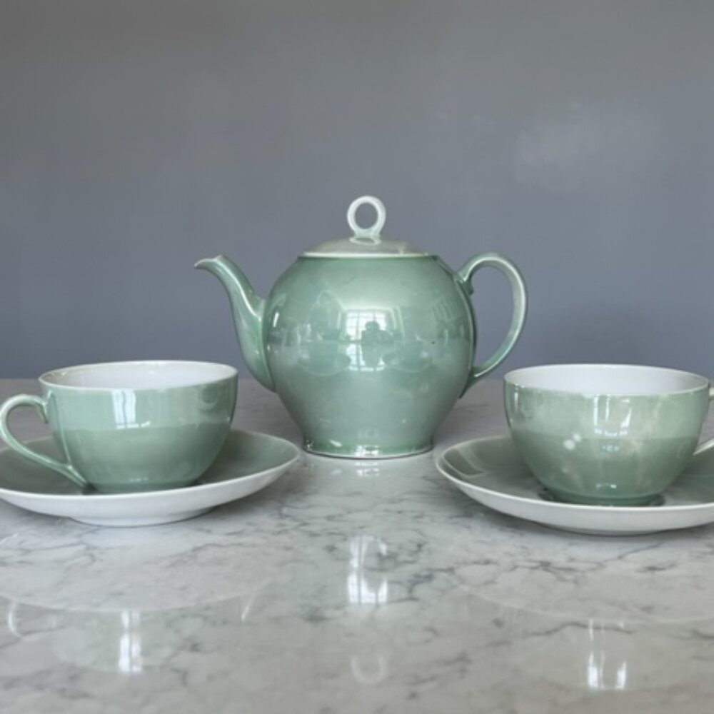 Vintage Victoria Czecho-Slovakia Lusterware Tea Set Seafoam Green 6 Pieces